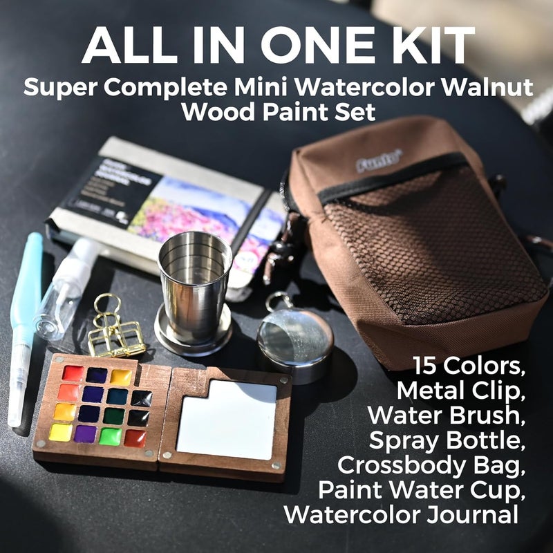 Funto Mini Watercolor Paint Set, All-in-One Walnut Wood 15-Color Premium Pocket Travel Paint Kit, with Crossbody Bag,Watercolor Journal, Metal Clip, Paint Water Cup, Water Brush Ideal for Art Lovers - Image 2
